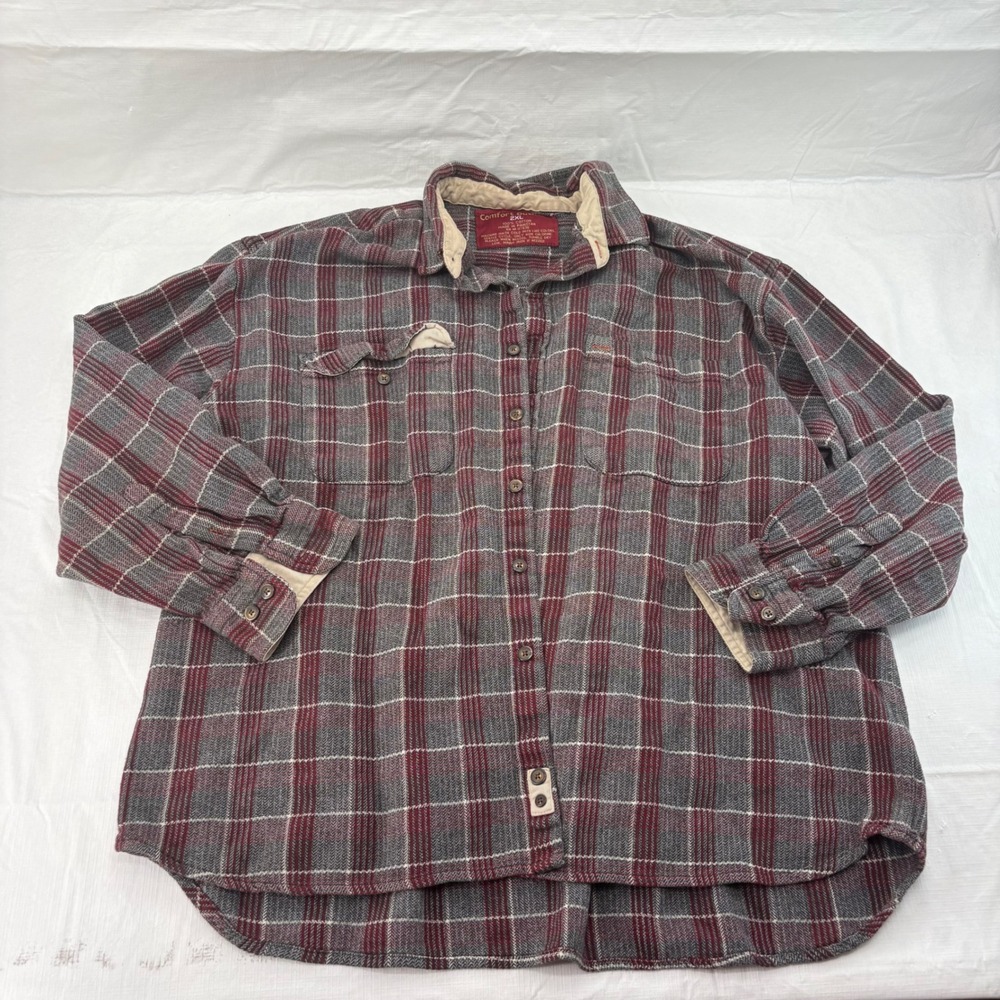 Comfort Outfitters Mens 2XL Plaid Flannel Shirt Burgundy Grey Cotton Long Sleeve